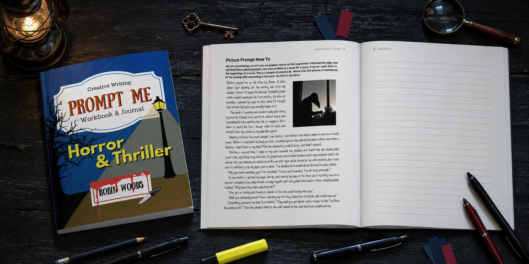 Prompt Me Horror and Thriller creative writing workbook by Robin Woods