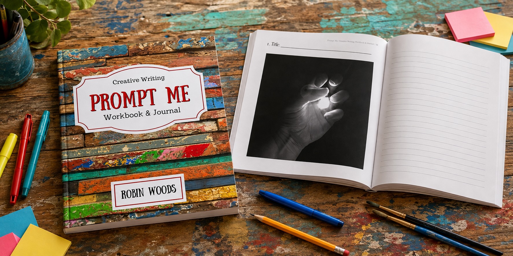 Prompt Me: Creative Writing Journal & Workbook by Robin Woods with an open photo-prompt page and colorful writing supplies