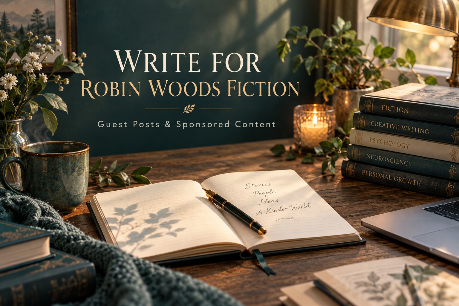 Warm writing desk representing guest posts and sponsored content for Robin Woods Fiction