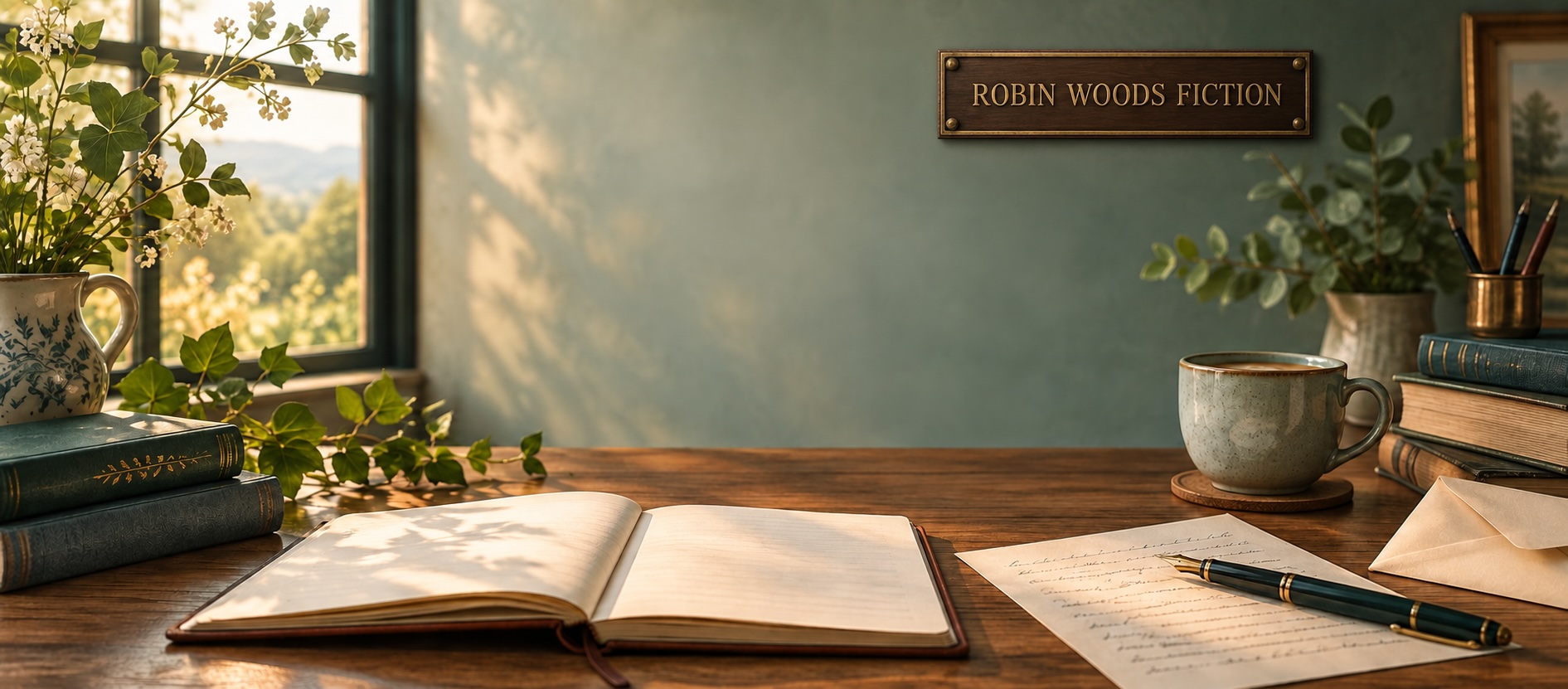 Robin Woods Fiction writing desk with an open notebook, letter, books, envelope, and branded wall plaque