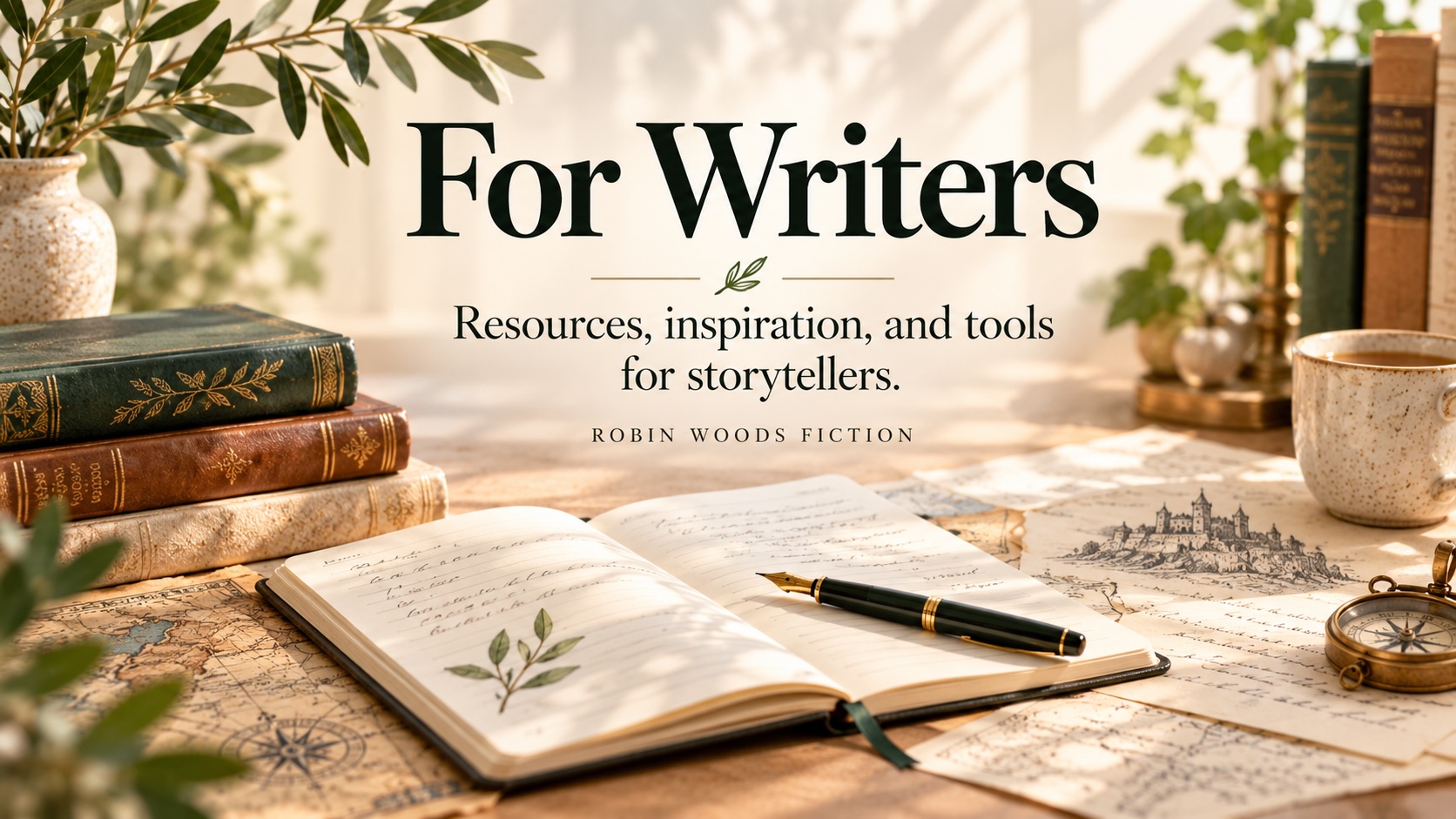 For Writers featured image with a cozy writing desk, notebook, fountain pen, vintage maps, and books